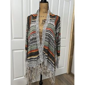 Poof Open Front Sweater Women L Large Knitted Fringe Bottom